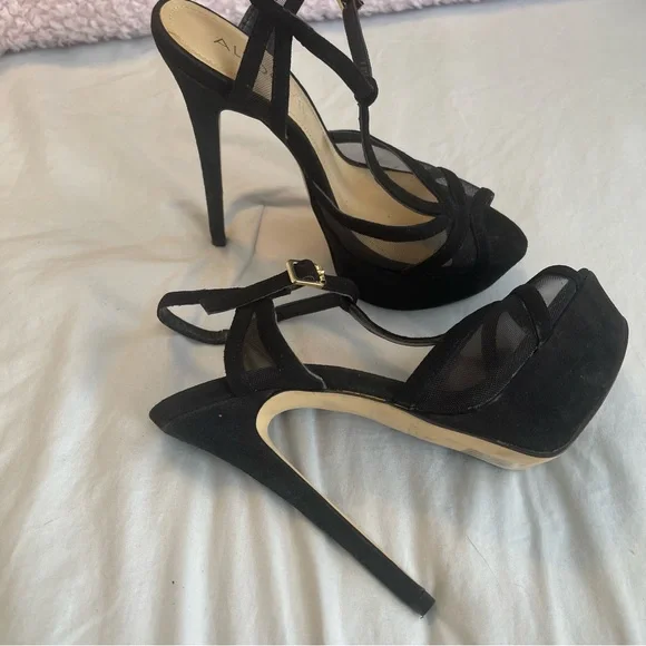 Aldo Sexy Strappy Stiletto Platform Heels Black Leather Suede and Mesh Size 7 - Picture 8 of 10